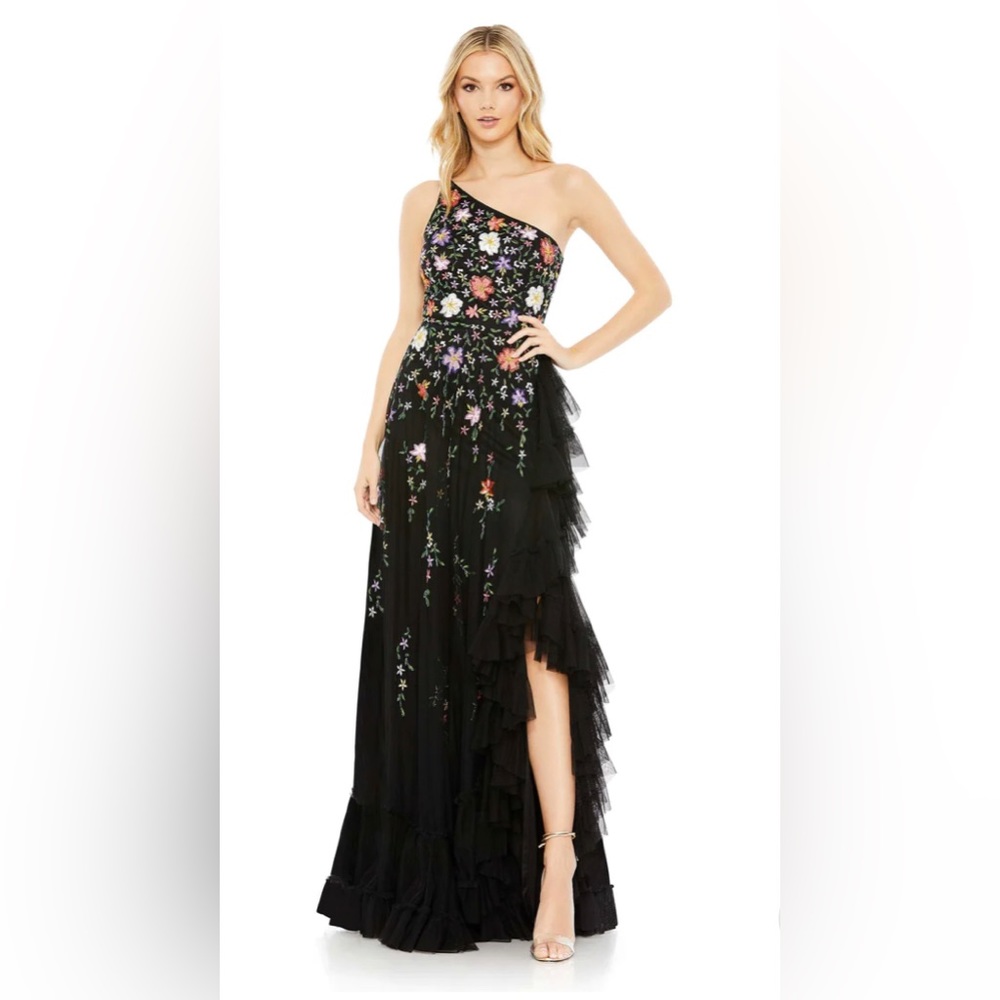 Mac Duggal 9164 Embroidered Corset Floral Sequin Black Maxi Dress Gown Size 12